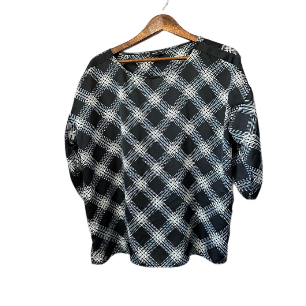 The Limited Plaid Blouse Women Large Petite Black Blue Excellent Button Sleeve